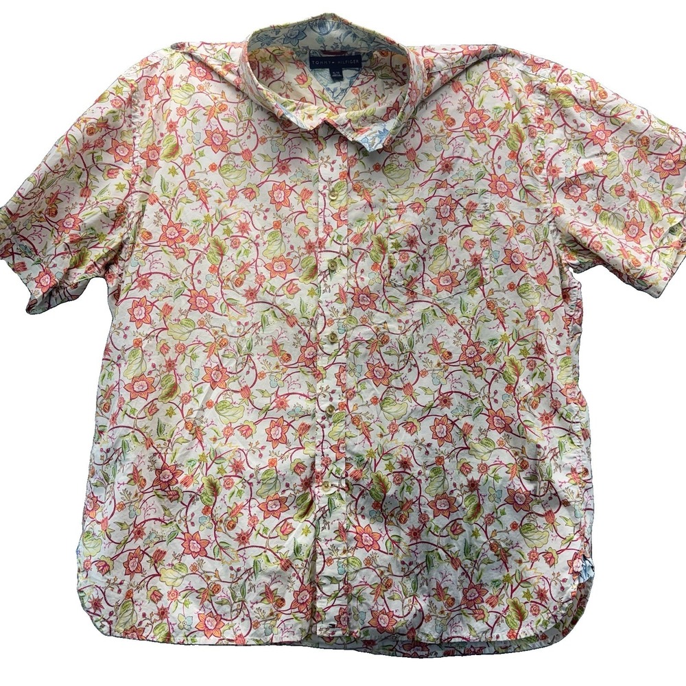 Tommy Hilfiger Mens XL Floral Button Up Shirt Multicolor Short Sleeve Cotton